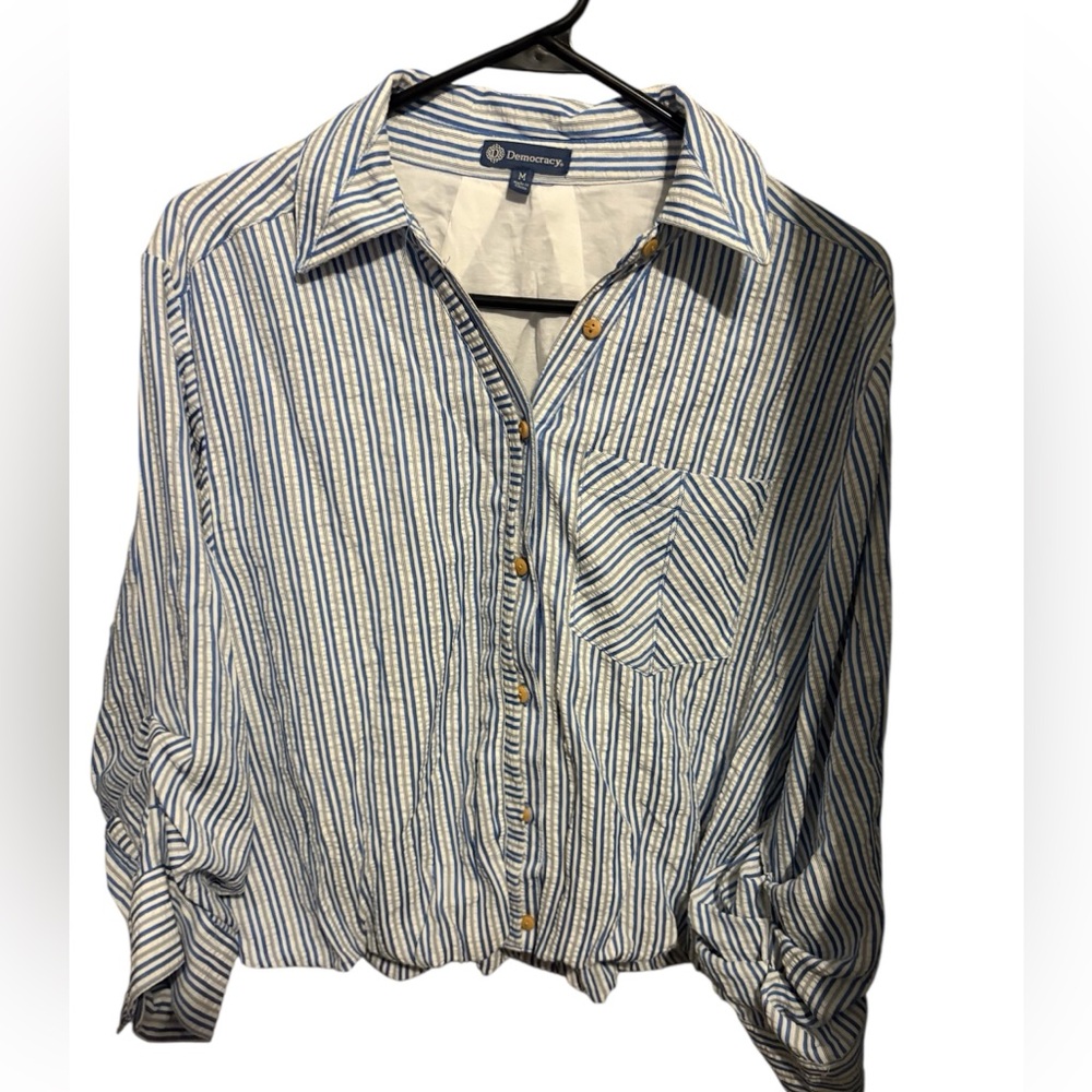 Democracy Three Quarter Tucked Sleeve Button Down Spliced Stripe Woven Shirt